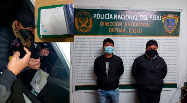 Los detenidos y los PNP en plena inspección al vehículo con la droga