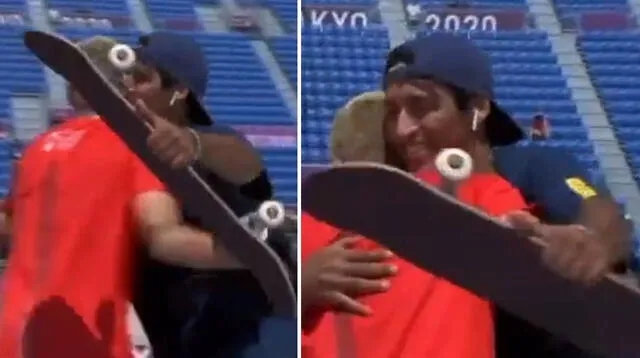 Ángelo Caro y  se dan un emotivo abrazo en las finales de skate. Foto: captura ATV