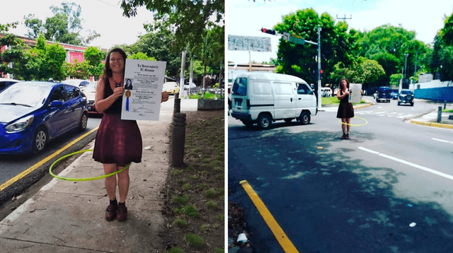 La muchacha se vio feliz y sonriente por obtener su título de licenciada en Idioma Inglés. Foto: captura de Facebook/CirkerAs de El Salvador