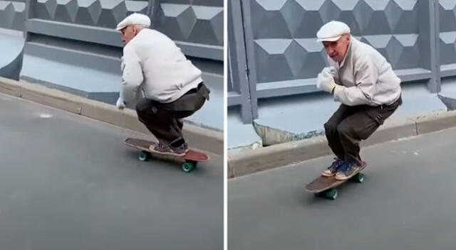 Anciano demuestra su gran habilidad con el skate.