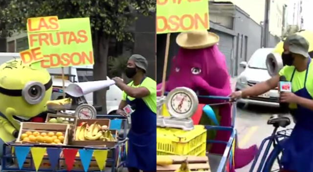 Edson Dávila apareció en la puerta de América TV vendiendo frutas, y contó con el apoyo de los muñecos Minion y Barney