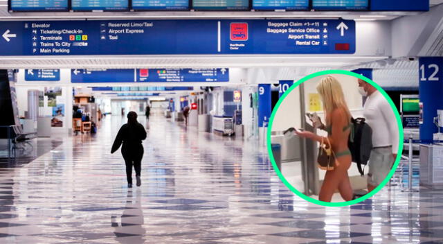 En el video, se ve a la pasajera caminando por la terminal de un aeropuerto mientras luce un traje de baño verde oliva y carga una mochila.
