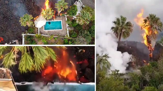 Mira el insólito momento que lava del volcán Cumbre Vieja destruye piscina en la isla La Palma.