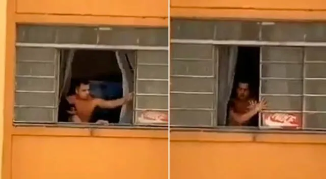 El video filmado por los vecinos mostró a la mujer tratando de saltar desde la ventana el segundo piso.