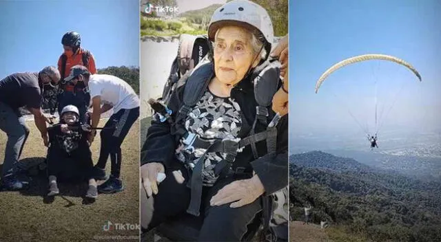 Con mucha fuerza. Tierna adulta mayor de 94 años festejó su cumpleaños volando en parapente.