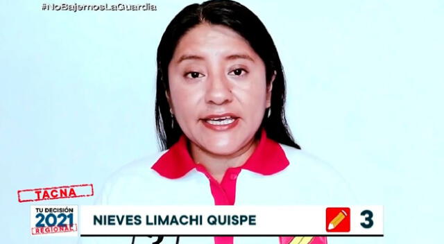 Nieves Esmeralda Limachi Quispe, de 39 años, postuló sin éxito al Congreso de la República por la región Tacna en las Elecciones Generales 2021.