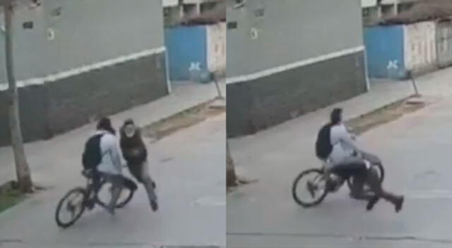 Surquillo: joven ciclista embiste a delincuente que golpeó y robó celular a mujer.