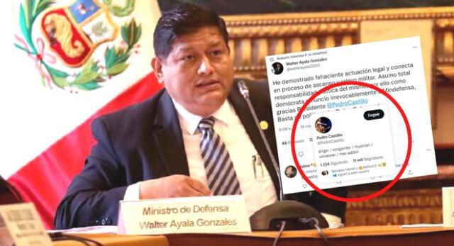 Se pasó. El ahora ex ministro de Defensa se confundió al etiquetar al presidente Pedro Castillo en Twitter.