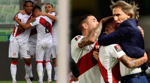 Ricardo Gareca y Christian Cueva celebran abrazo tras la victoria ante Venezuela.