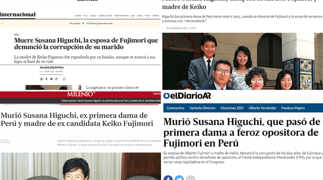 Capturas de diversos portales internacionales y el tratamiento informativo que le brindaron al fallecimiento de Susana Higuchi.