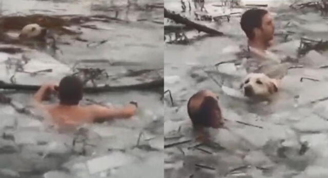 Policías salvaron a un perro de un lago congelado en España. | Foto: Twittwe @guardiacivil/Composición el Popular
