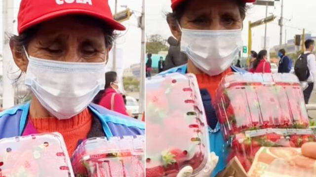 La vendedora de frutas se emocionó al recibir una sorpresa por parte de un joven en la calle.