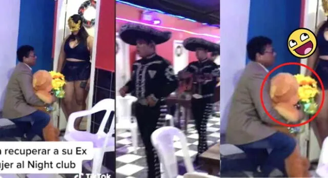 Señor busca a su novia en night club y le lleva mariachis, flores y un osito para que lo perdone