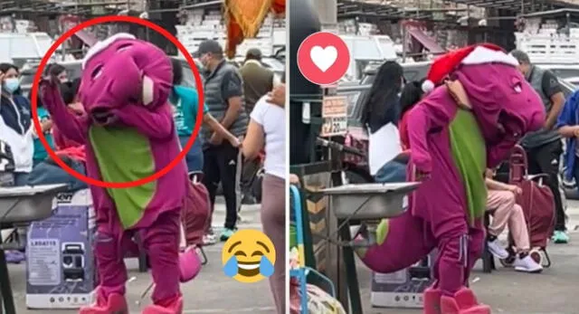 Ese bailecito. Peruano vestido de Barney se vuelve famoso por su baile en mercado de Los Olivos.