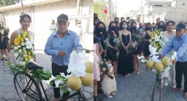 Juan Carlos Cacho adornó su bicicleta con flores y trasladó a su hija Cristina vestida de blanco a la iglesia.