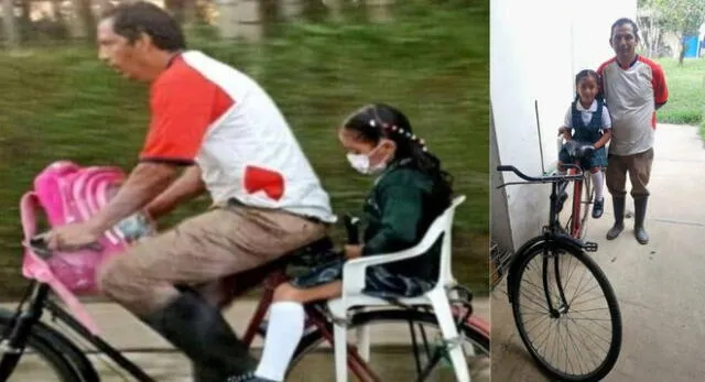 Padre se inventó una bicicleta para llevar a su hija al colegio y escena conmueve redes sociales.