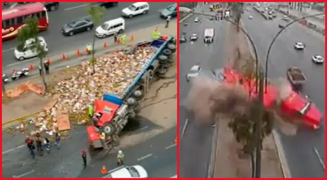 Las cámaras de seguridad captaron el accidente en la Panamericana Sur, donde se vuelca un camión que llevaba frutas.
