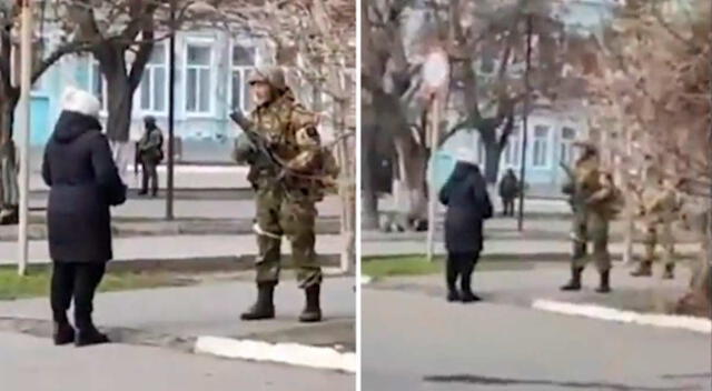 Mujer se enfrenta a soldado ruso