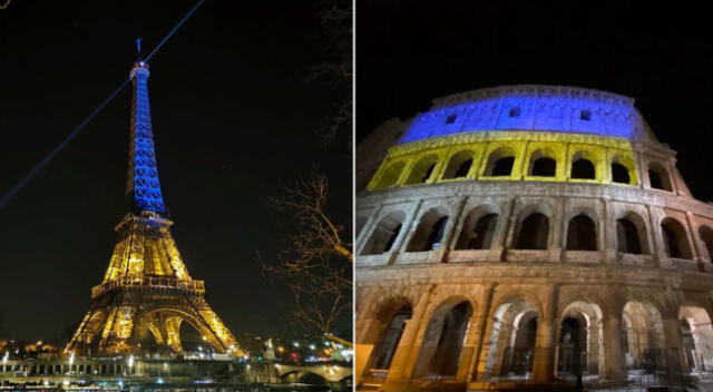 La Torre Eiffel y el Coliseo Romano se iluminan con los colores de la bandera de Ucrania [VIDEO]