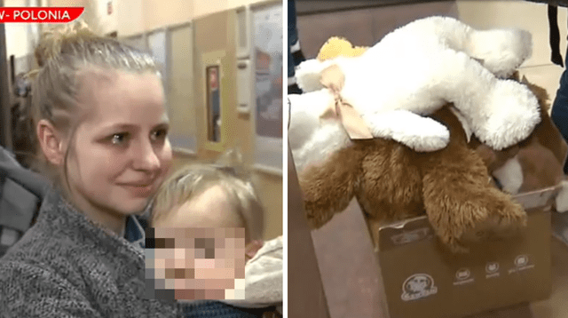 Madre Polaca recibe a niños de Ucrania con osos de peluche.