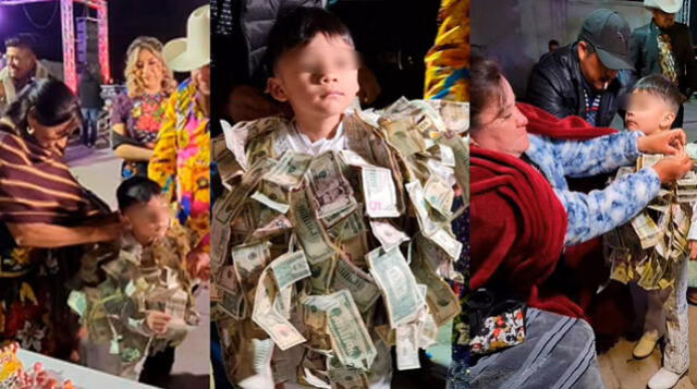 En las imágenes se ve a un niño que recibe de sus invitados dinero en moneda estadounidense.