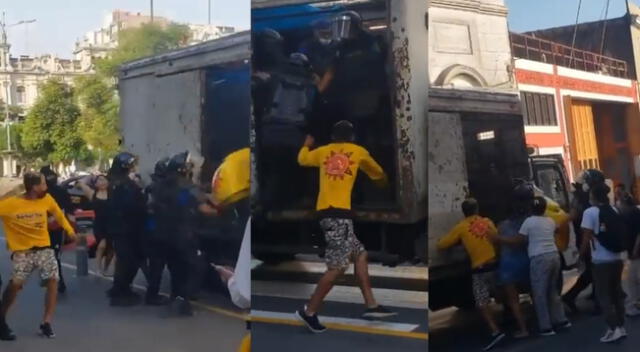 Fiscalizadores quitan carro de helados a vendedor y peatones bloquearon el escape de los municipales.