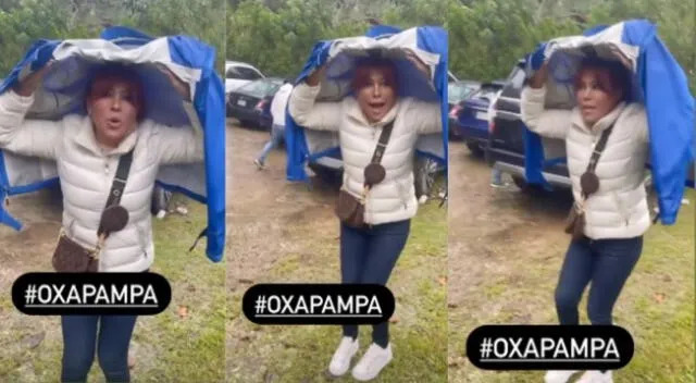 Magaly Medina sale corriendo por la lluvia en Oxapampa