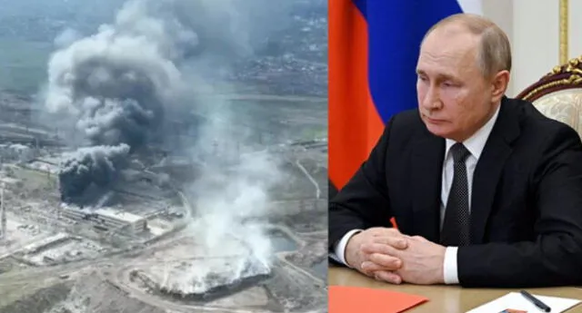 La captura de video que muestra humo saliendo de la planta de acero de Azovstal durante ataques aéreos rusos en Mariúpol, ubicado al este de Ucrania.