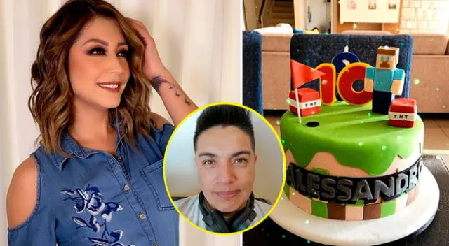 Karla Tarazona celebra con torta cumpleaños de su hijo.