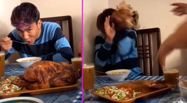 La enajenada mujer tomó el pollo de la mesa y lo lanzó sobre su hijo.