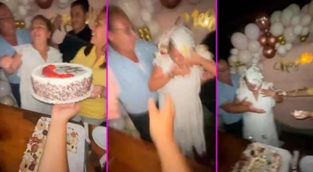 La cumpleañera no esperaba que la torta acabara en su cara.