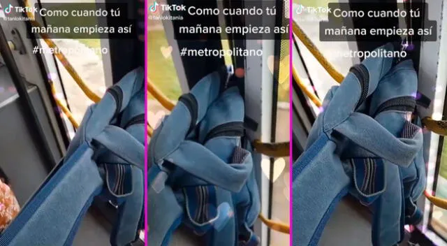 La joven ggrabó el preciso momento en que su mochila quedó atrapada en la puerta.