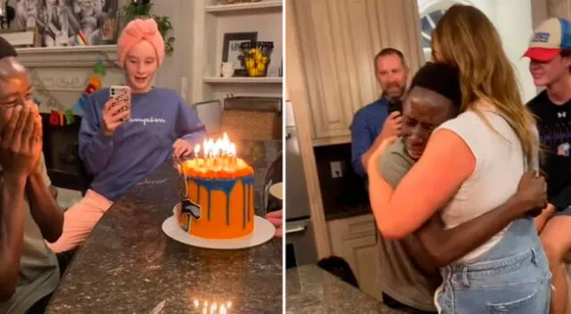 El joven se emocionó al ver la torta y sus velas.