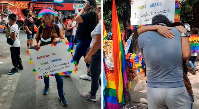 “Abrazos de mamá gratis. Te acepto, te reconozco y te amo tal y como eres”, se lee en la pancarta.