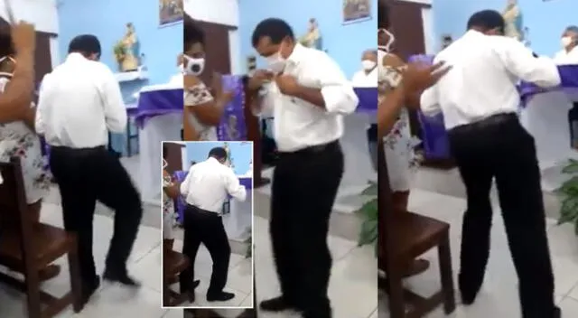 Peculiar escena del hombre durante la misa se hizo viral en las redes sociales.
