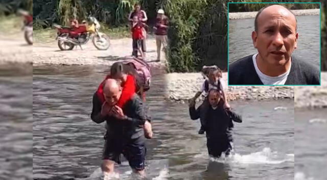 Profesor arriesga su vida y salud para que alumnos puedan ir a clases porque el puente sigue dañado.