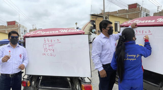 Profesor enseña a alumnos desde la parte trasera de su  mototaxi en Lambayeque.