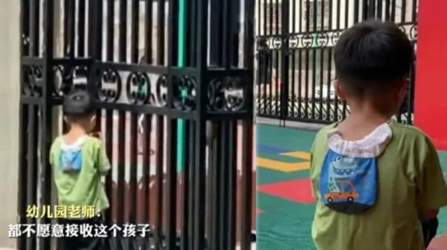 El pequeño fue captado esperando a su 'padre' en la puerta de la escuela.