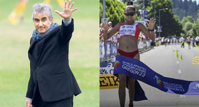 Juan Carlos Oblitas felicita a Kimberly García León por lograr coronarse en el Mundial de Atletismo.