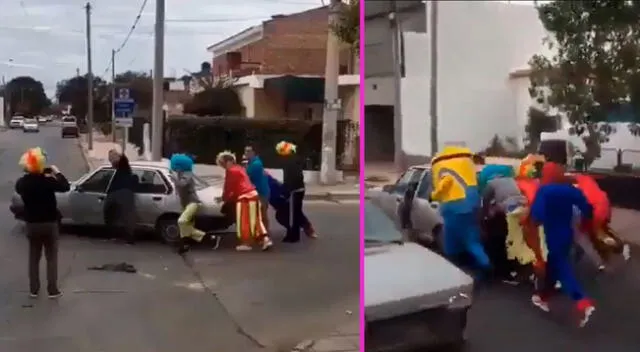 Los muñecos de la fiesta se unieron para ayudar al chofer.