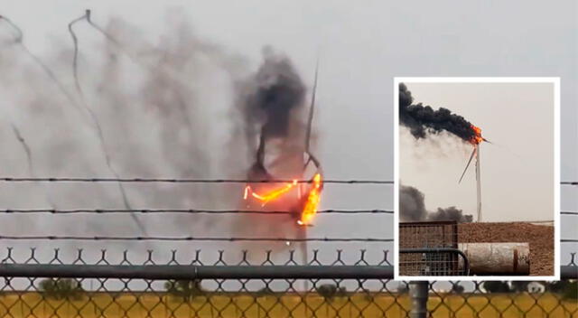 Turbina eólica ardió en un anillo de humo después de ser alcanzada por un rayo el viernes.