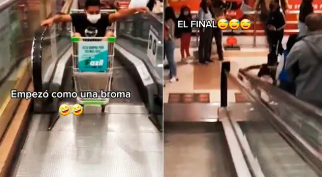 Joven se sube a carrito de compras sin imaginar terrible accidente.