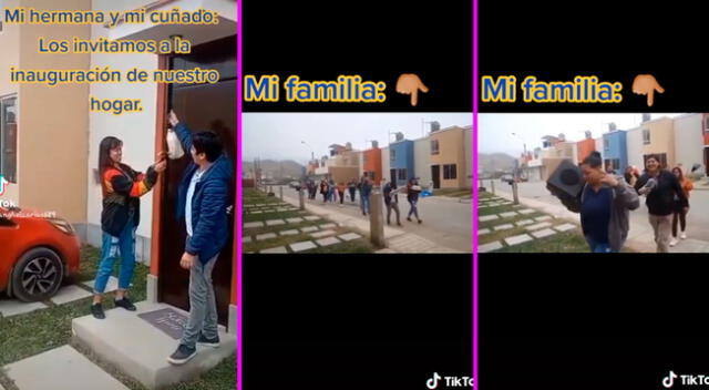 La familia llegó a la casa de la pareja con regalos.