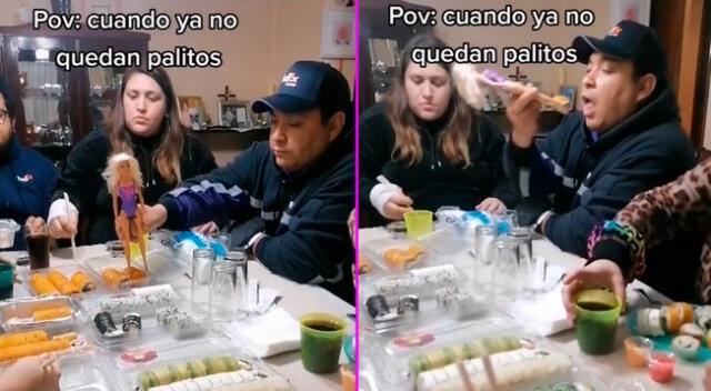 A falta de palitos, el ingenioso hombre decidió usar una muñeca.