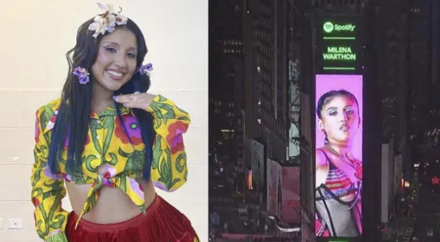Milena Warthon feliz de aparecer en el Times Square de Nueva York.