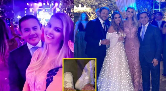 Brunella Horna no pudo más con los tacos y se puso zapatillas en boda de Ethel Pozo.