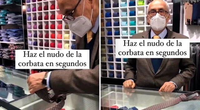 El señor demostró que hacer nudo de una corbata es sencillo.