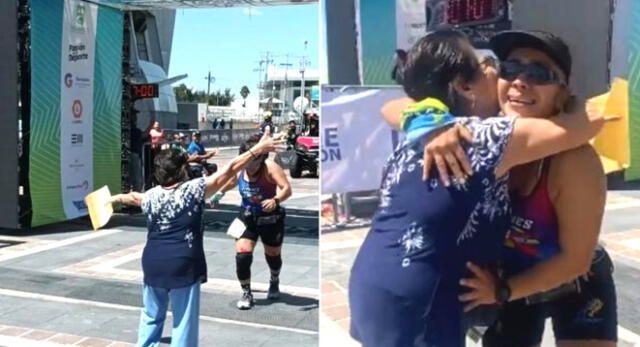 La madre se encontraba parada en la meta esperando con los brazos abiertos a su hija.