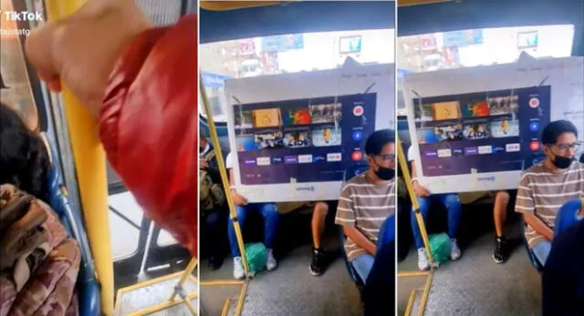 El joven tuvo que ir en micro tras comprarse su televisor de 55 pulgadas y se volvió viral en TikTok.