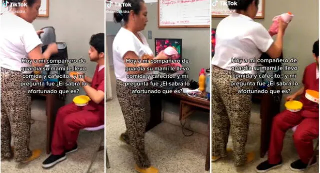 La mujer fue a llevarle una lonchera y café a su hijo, quien se quedaba de guardia en el hospital, y es viral en TikTok.
